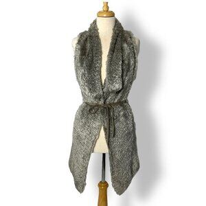 Beate Heymann Women Long Vest Faux Fur / Knit Belted, Lapels Sz S Mushroom Taupe
